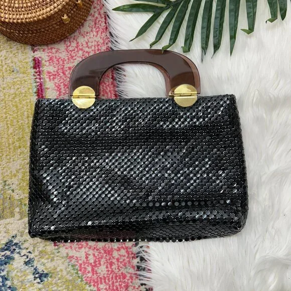 Vintage 60s Black Brown Mesh Top Handle Purse Hand Bag - Picture 5 of 6